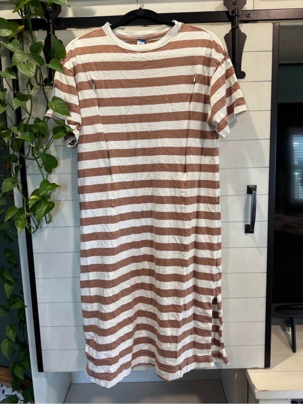 Old Navy White and Brown Striped T-Shirt Nursing Dress